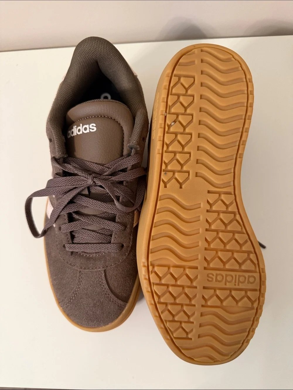 adidas Women’s Brown Suede Platform Sneakers with Pink Stripes and Gum Sole.